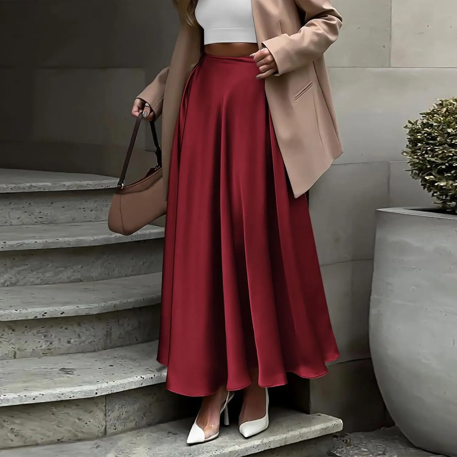 Long Skirts for Women 2025 Summer Vacation Satin Elastic High Waisted A Line Slip Skirt Elegant Work Office Flowy Maxi Skirt