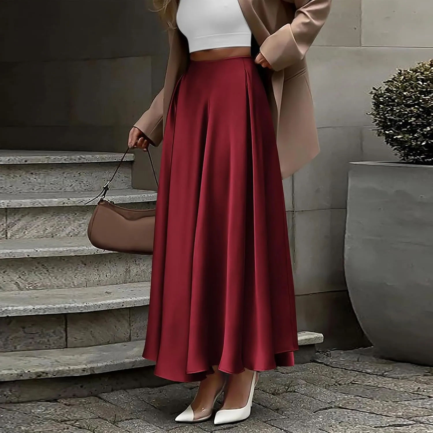 Long Skirts for Women 2025 Summer Vacation Satin Elastic High Waisted A Line Slip Skirt Elegant Work Office Flowy Maxi Skirt