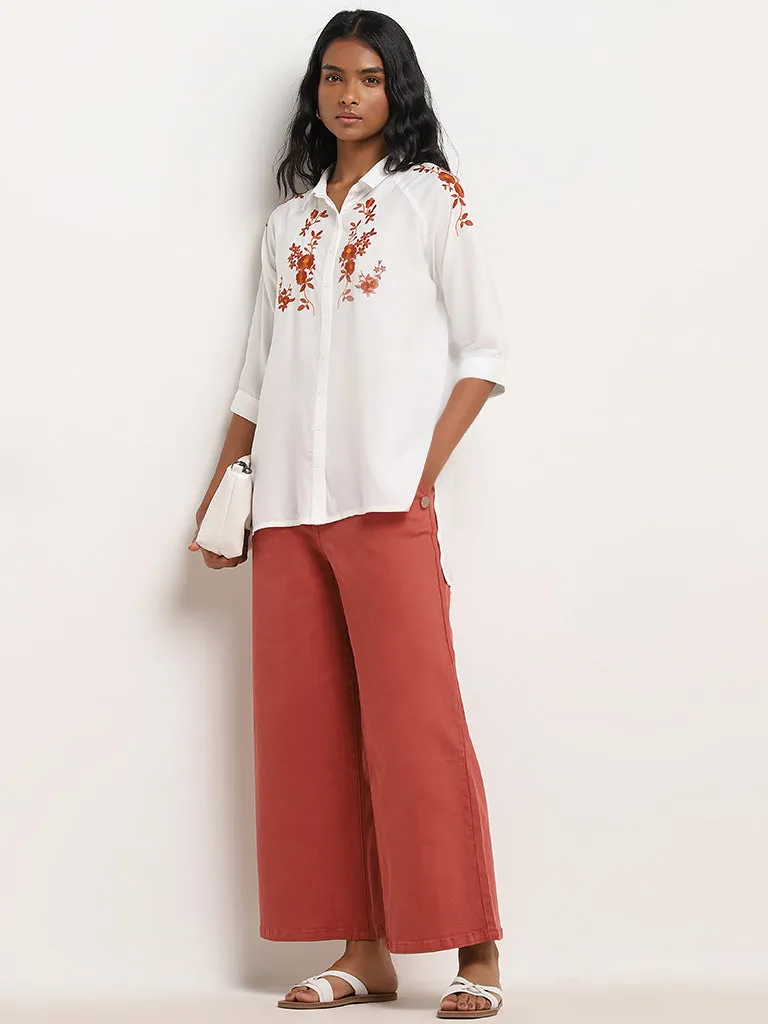 LOV White Floral Embroidered High-Low Shirt