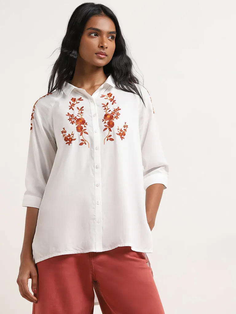 LOV White Floral Embroidered High-Low Shirt