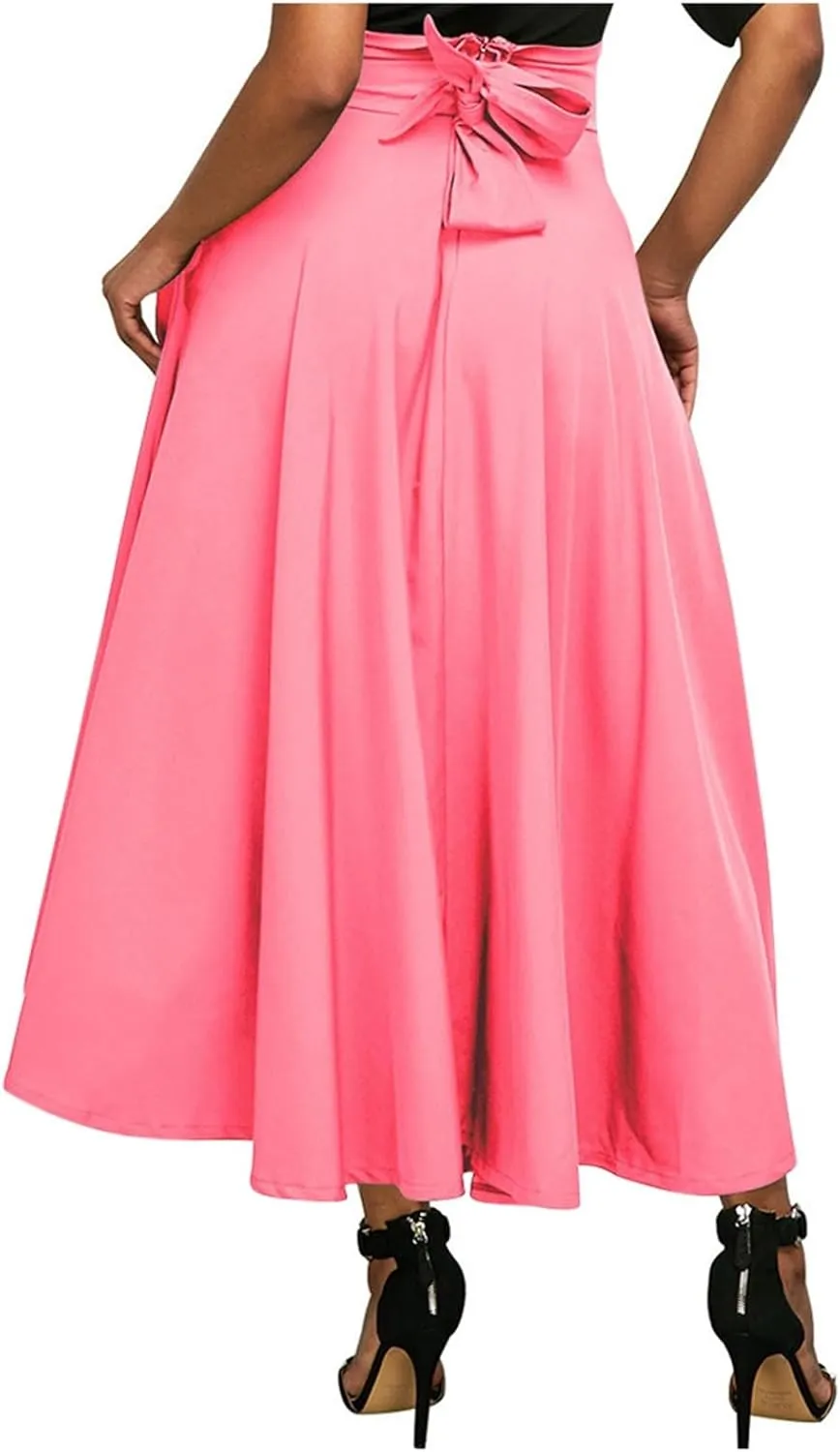 Maxi Skirts for Women High Waisted Side Slit Belted Pocket Midi Length Retro Casual Boho Flowy Skirt Layered Design