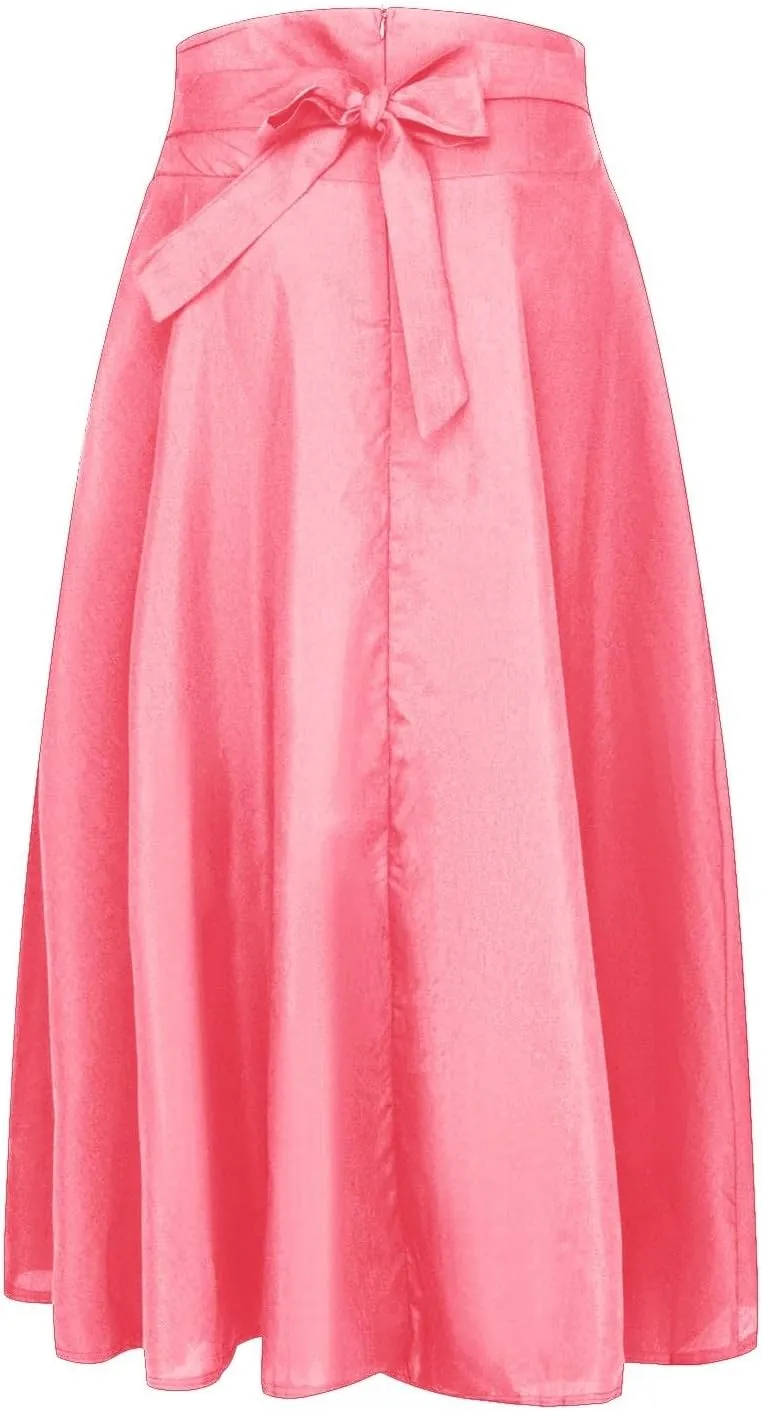 Maxi Skirts for Women High Waisted Side Slit Belted Pocket Midi Length Retro Casual Boho Flowy Skirt Layered Design