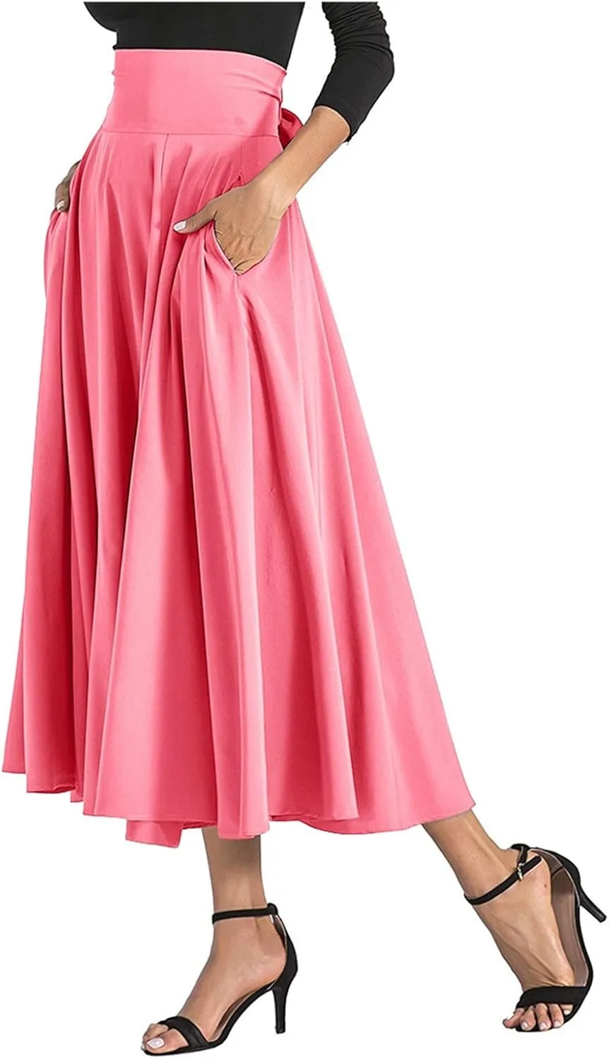 Maxi Skirts for Women High Waisted Side Slit Belted Pocket Midi Length Retro Casual Boho Flowy Skirt Layered Design