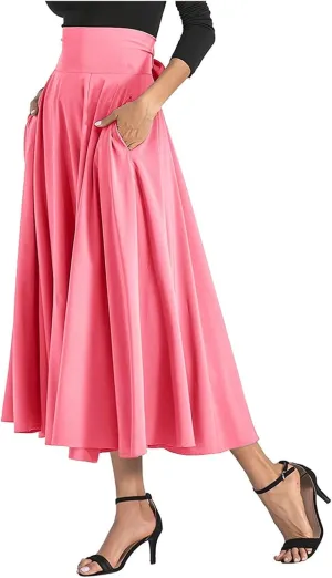 Maxi Skirts for Women High Waisted Side Slit Belted Pocket Midi Length Retro Casual Boho Flowy Skirt Layered Design