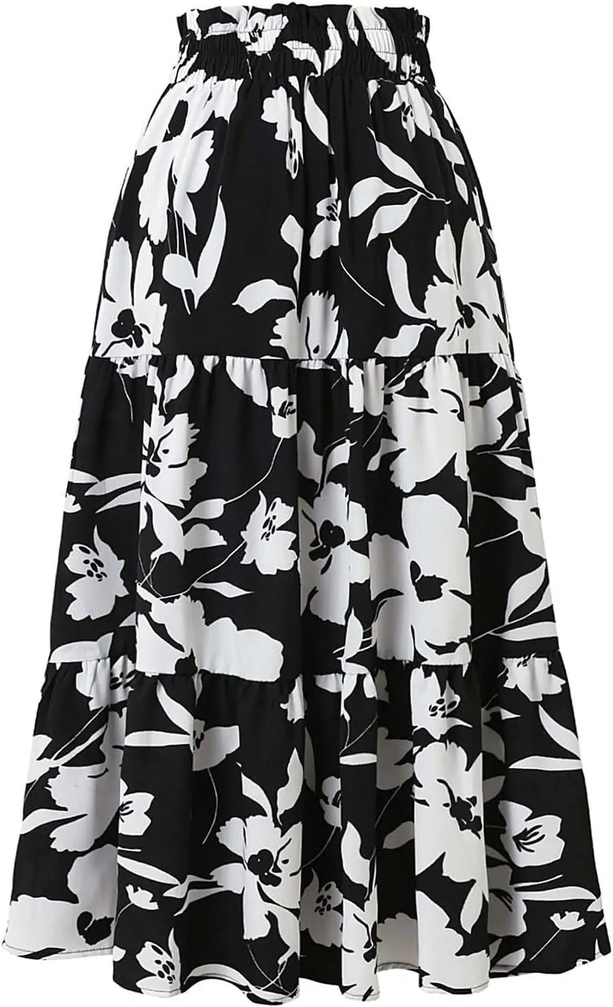 Maxi Skirts for Women Summer 2025 High Waisted Flowy Floral Long Skirt Vacation Beach Ruffle A Line Skorts