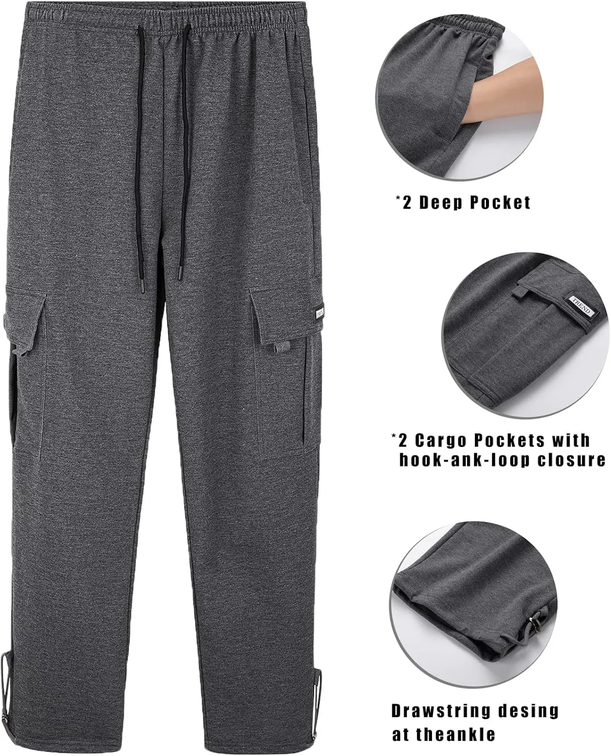 Men's Cargo Sweatpants Loose Fit Pants Joggers for Men with Pockets, Open Bottom Drawstring