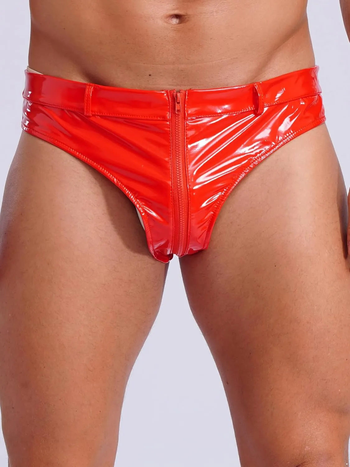 Men's Stretch Underwear Patent Leather Briefs with Zipper Crotch Swim Bikini Hip Briefs