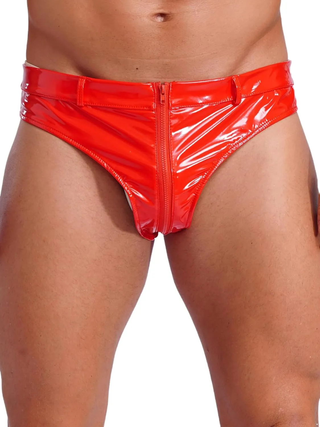 Men's Stretch Underwear Patent Leather Briefs with Zipper Crotch Swim Bikini Hip Briefs