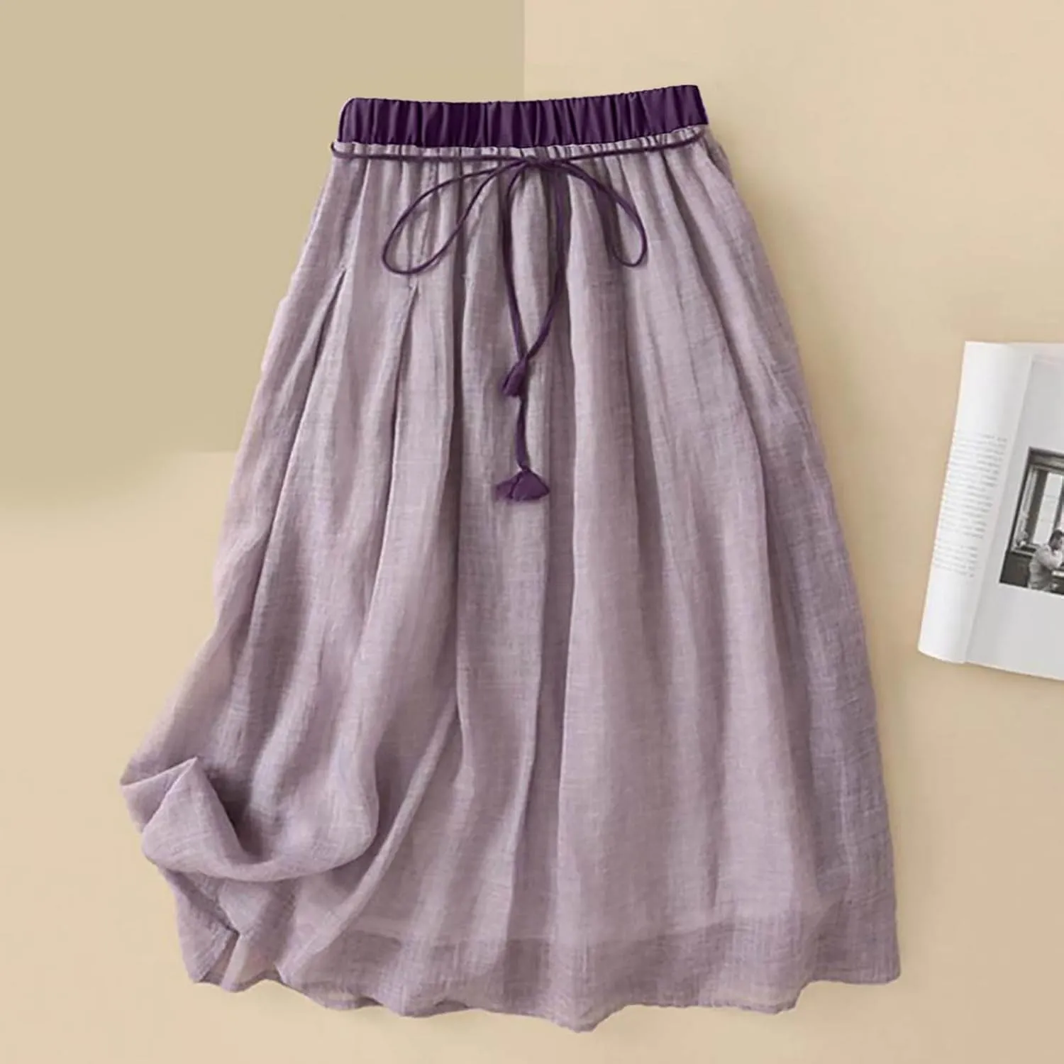 Midi Skirts for Women Cotton Linen Drawstring Elastic Waist Pleated Ruffle Skirt Summer Solid Knee Length Midi Skirt
