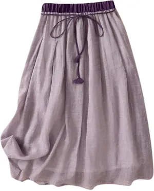 Midi Skirts for Women Cotton Linen Drawstring Elastic Waist Pleated Ruffle Skirt Summer Solid Knee Length Midi Skirt