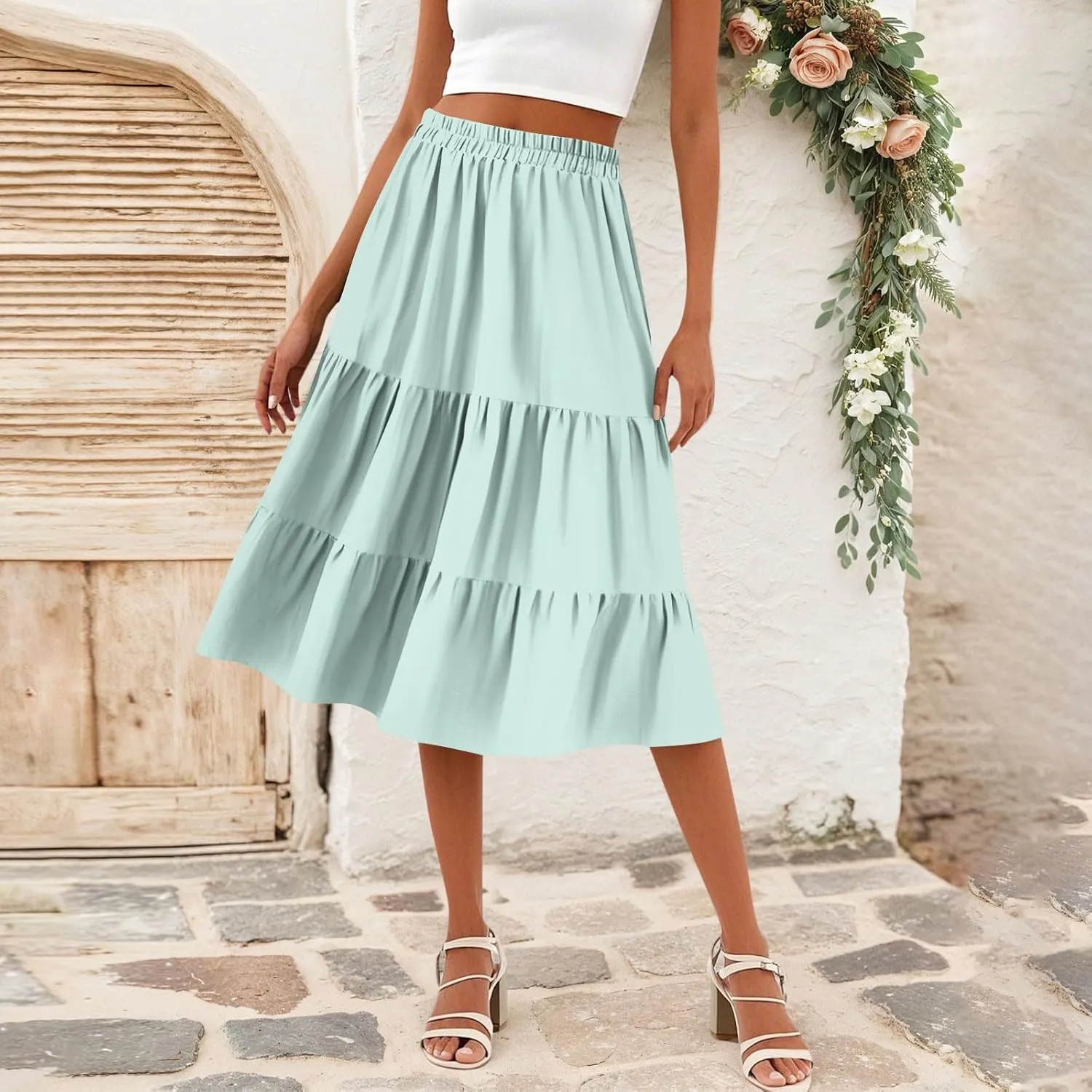 Midi Skirts for Women Summer High Elastic Waist Tiered Pleated Boho Floral Flowy A Line Skirt Beach Vacation Clothes
