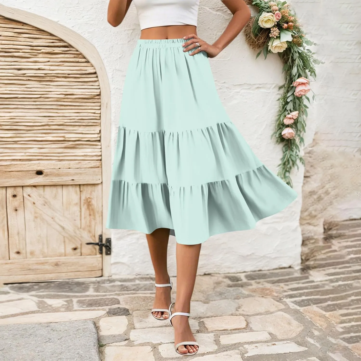 Midi Skirts for Women Summer High Elastic Waist Tiered Pleated Boho Floral Flowy A Line Skirt Beach Vacation Clothes