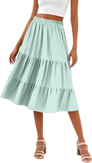Midi Skirts for Women Summer High Elastic Waist Tiered Pleated Boho Floral Flowy A Line Skirt Beach Vacation Clothes