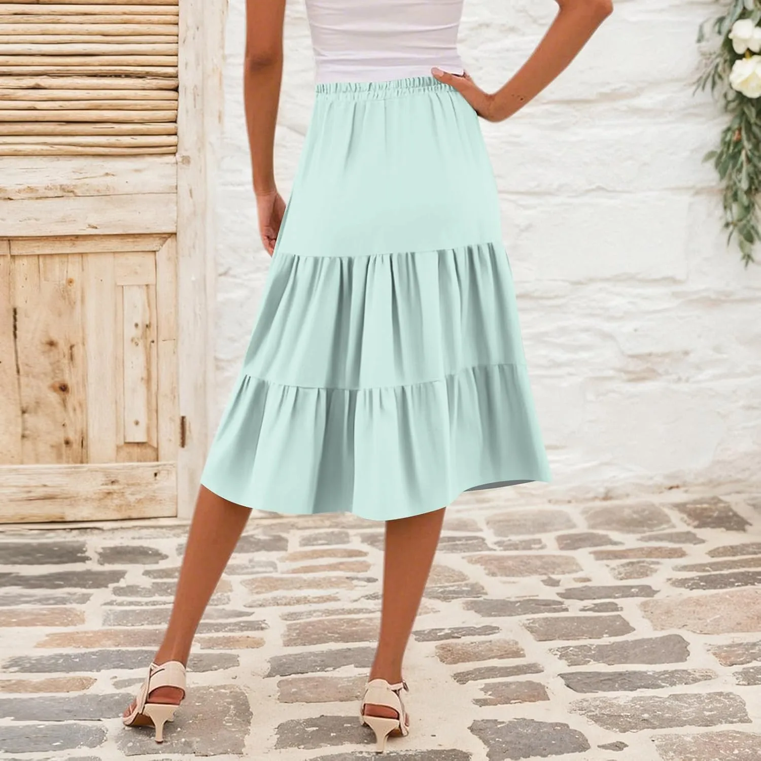 Midi Skirts for Women Summer High Elastic Waist Tiered Pleated Boho Floral Flowy A Line Skirt Beach Vacation Clothes