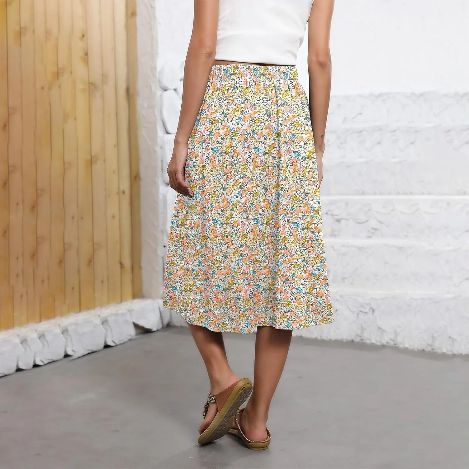 Midi Skirts for Women Trendy Summer Floral A Line Skirts Elastic High Waisted Boho Beach Swing Flowy Skirt w/Pockets