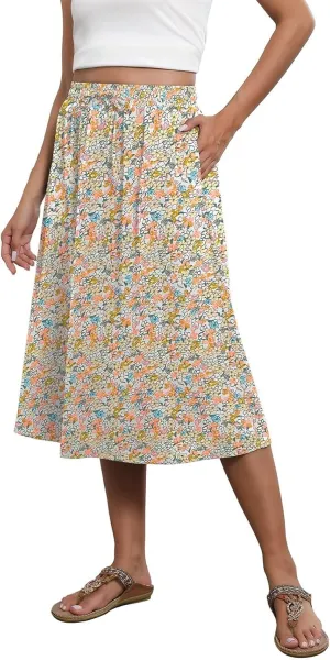 Midi Skirts for Women Trendy Summer Floral A Line Skirts Elastic High Waisted Boho Beach Swing Flowy Skirt w/Pockets