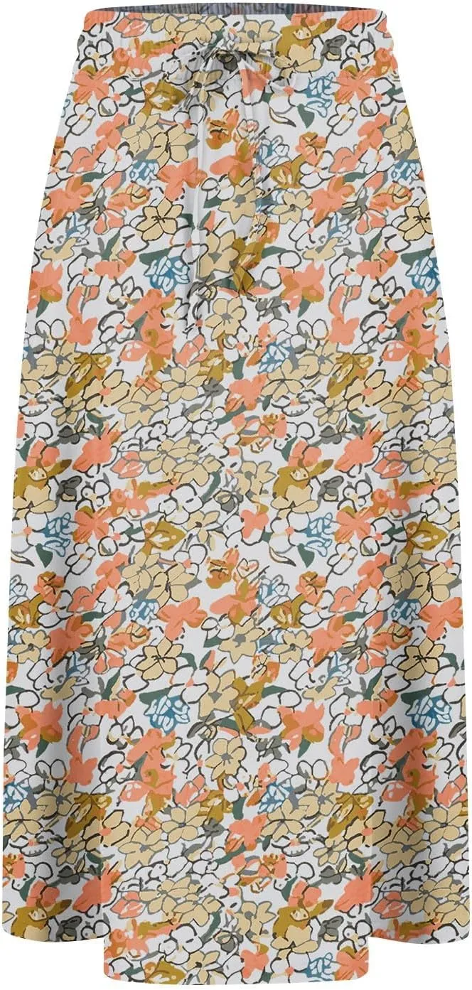 Midi Skirts for Women Trendy Summer Floral A Line Skirts Elastic High Waisted Boho Beach Swing Flowy Skirt w/Pockets