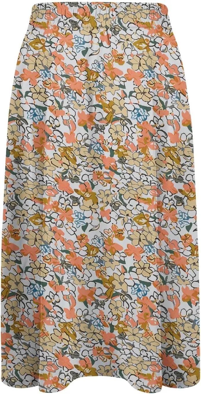 Midi Skirts for Women Trendy Summer Floral A Line Skirts Elastic High Waisted Boho Beach Swing Flowy Skirt w/Pockets