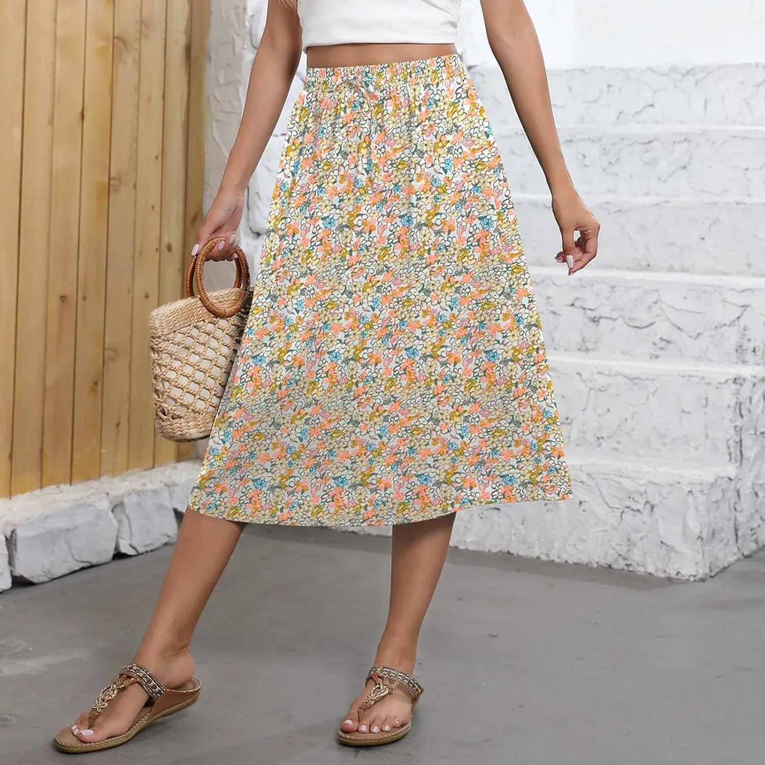 Midi Skirts for Women Trendy Summer Floral A Line Skirts Elastic High Waisted Boho Beach Swing Flowy Skirt w/Pockets