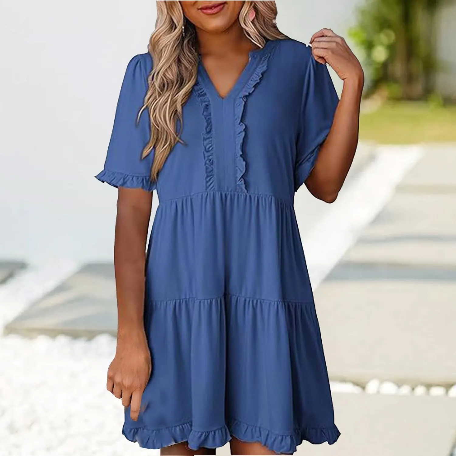 Mini Dresses for Women Summer Casual V Neck Dress Short Sleeve A Line Flowy Swing Shift Dress Plus Size Sundress