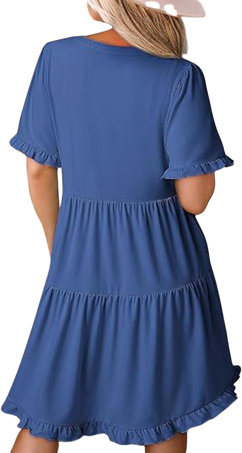 Mini Dresses for Women Summer Casual V Neck Dress Short Sleeve A Line Flowy Swing Shift Dress Plus Size Sundress