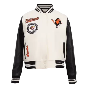 MLB BALTIMORE ORIOLES RETRO CLASSIC WOMEN'S RIB WOOL VARSITY JACKET (EGGSHELL/ BLACK)
