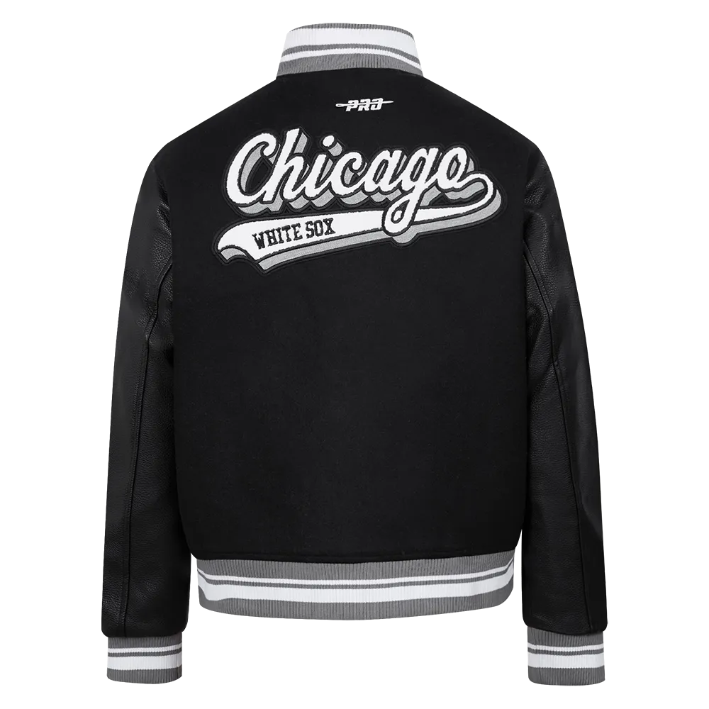 MLB CHICAGO WHITE SOX SCRIPT TAIL WOMEN'S WOOL VARSITY JACKET (BLACK/GRAY)
