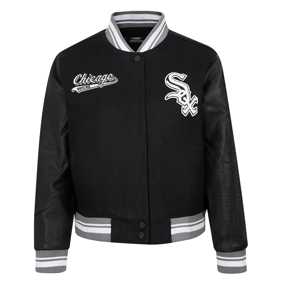 MLB CHICAGO WHITE SOX SCRIPT TAIL WOMEN'S WOOL VARSITY JACKET (BLACK/GRAY)