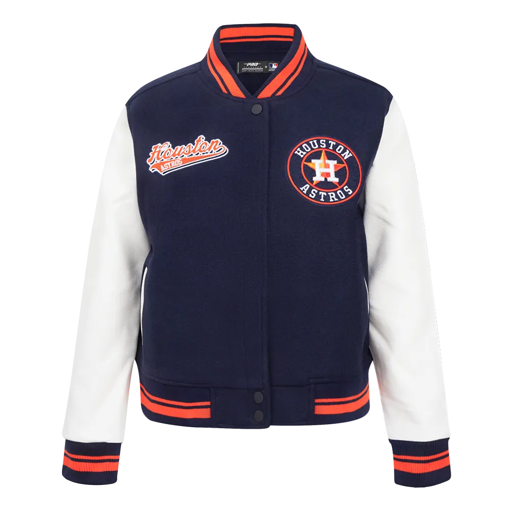 MLB HOUSTON ASTROS SCRIPT TAIL WOMEN'S WOOL VARSITY JACKET (MIDNIGHT NAVY/ORANGE/MIDNIGHT NAVY)