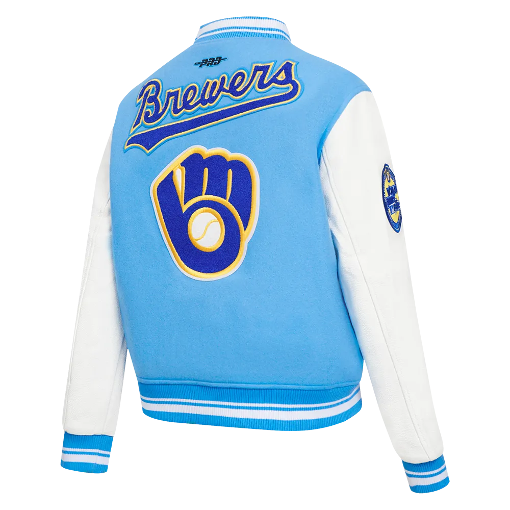 MLB MILWAUKEE BREWERS RETRO CLASSIC WOMEN'S RIB WOOL VARSITY JACKET (EGGSHELL/ UNIVERSITY BLUE)