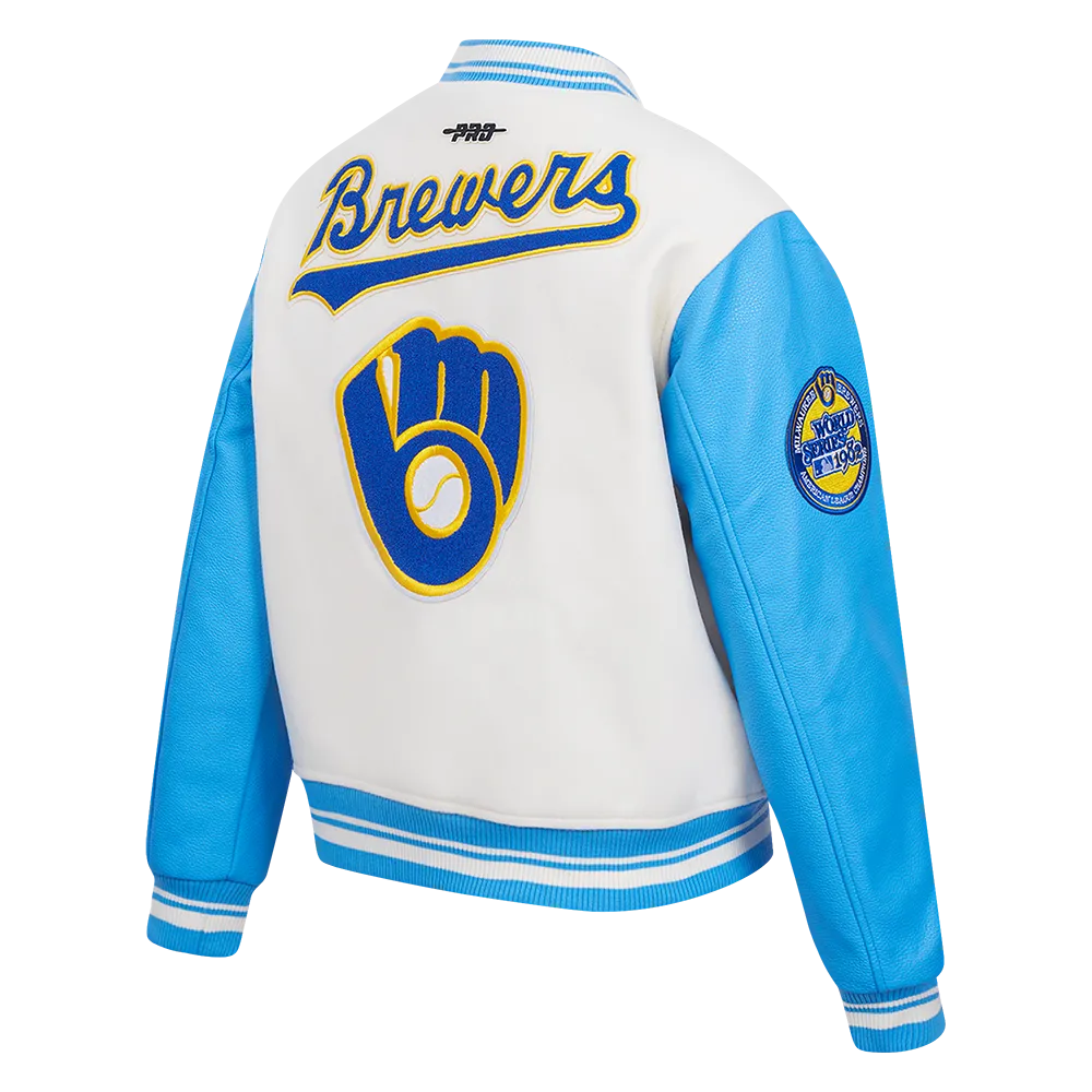 MLB MILWAUKEE BREWERS RETRO CLASSIC WOMEN'S RIB WOOL VARSITY JACKET (EGGSHELL/ UNIVERSITY BLUE)