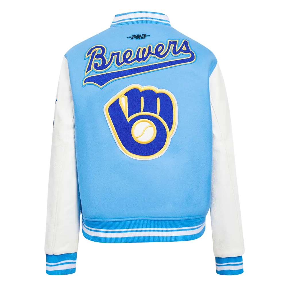MLB MILWAUKEE BREWERS RETRO CLASSIC WOMEN'S RIB WOOL VARSITY JACKET (EGGSHELL/ UNIVERSITY BLUE)