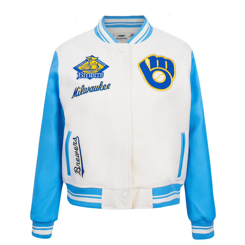 MLB MILWAUKEE BREWERS RETRO CLASSIC WOMEN'S RIB WOOL VARSITY JACKET (EGGSHELL/ UNIVERSITY BLUE)