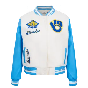 MLB MILWAUKEE BREWERS RETRO CLASSIC WOMEN'S RIB WOOL VARSITY JACKET (EGGSHELL/ UNIVERSITY BLUE)