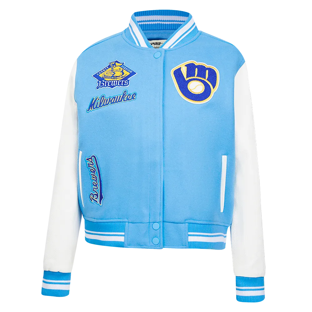 MLB MILWAUKEE BREWERS RETRO CLASSIC WOMEN'S RIB WOOL VARSITY JACKET (EGGSHELL/ UNIVERSITY BLUE)