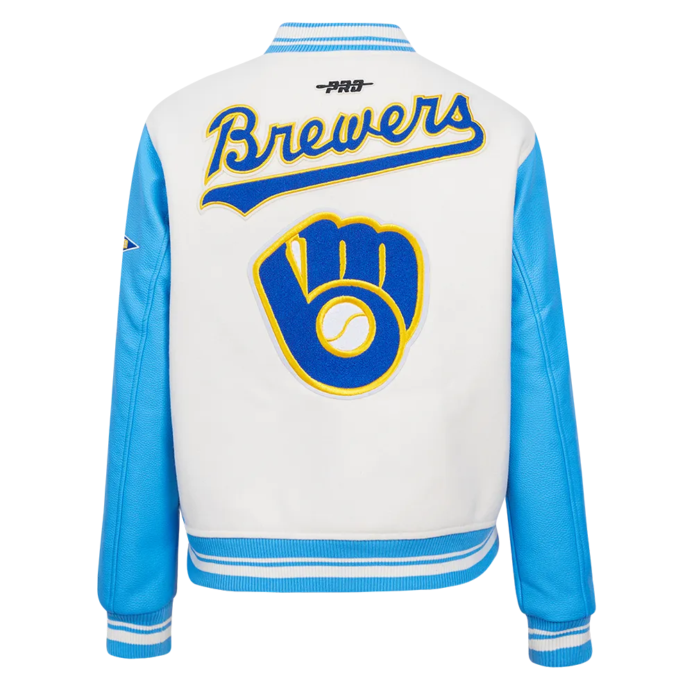 MLB MILWAUKEE BREWERS RETRO CLASSIC WOMEN'S RIB WOOL VARSITY JACKET (EGGSHELL/ UNIVERSITY BLUE)
