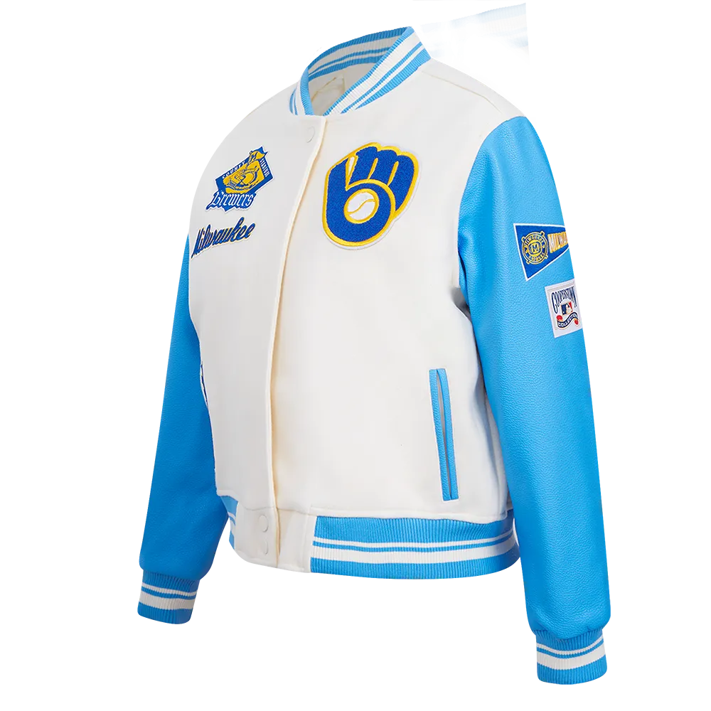 MLB MILWAUKEE BREWERS RETRO CLASSIC WOMEN'S RIB WOOL VARSITY JACKET (EGGSHELL/ UNIVERSITY BLUE)