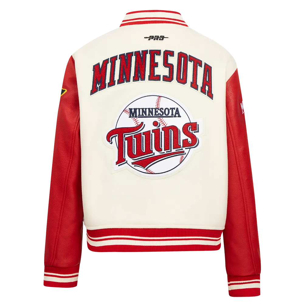 MLB MINNESOTA TWINS RETRO CLASSIC WOMEN'S RIB WOOL VARSITY JACKET (EGGSHELL/ RED)