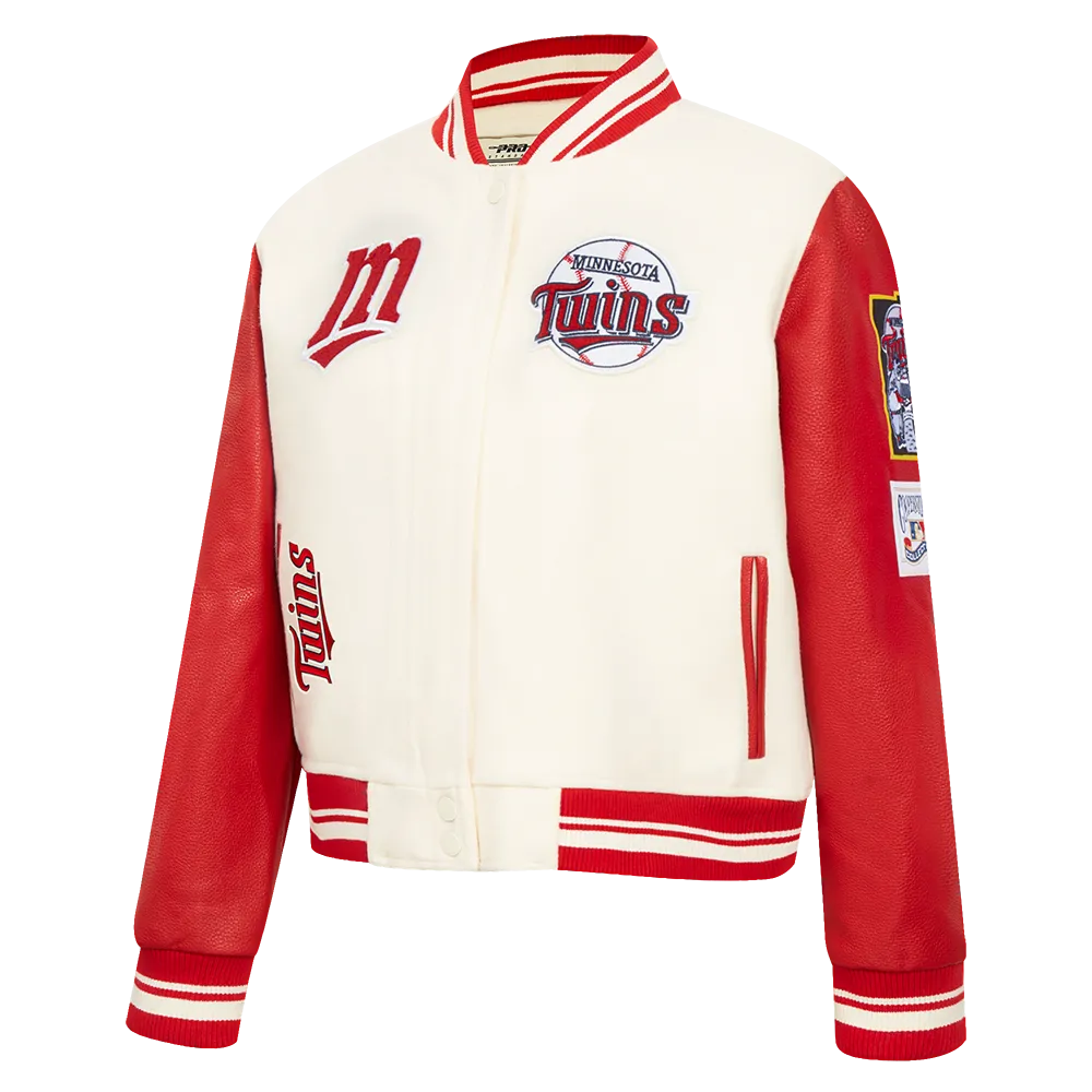 MLB MINNESOTA TWINS RETRO CLASSIC WOMEN'S RIB WOOL VARSITY JACKET (EGGSHELL/ RED)