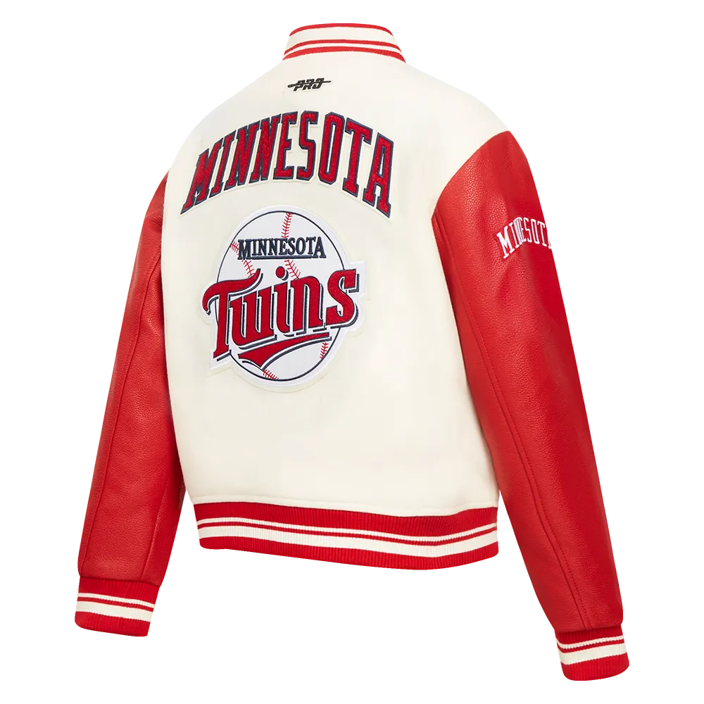 MLB MINNESOTA TWINS RETRO CLASSIC WOMEN'S RIB WOOL VARSITY JACKET (EGGSHELL/ RED)