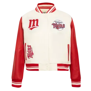 MLB MINNESOTA TWINS RETRO CLASSIC WOMEN'S RIB WOOL VARSITY JACKET (EGGSHELL/ RED)