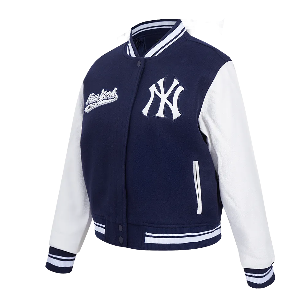 MLB NEW YORK YANKEES SCRIPT TAIL WOMEN'S WOOL VARSITY JACKET (MIDNIGHT NAVY/WHITE)