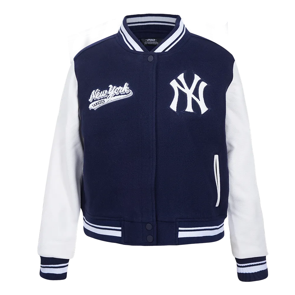MLB NEW YORK YANKEES SCRIPT TAIL WOMEN'S WOOL VARSITY JACKET (MIDNIGHT NAVY/WHITE)