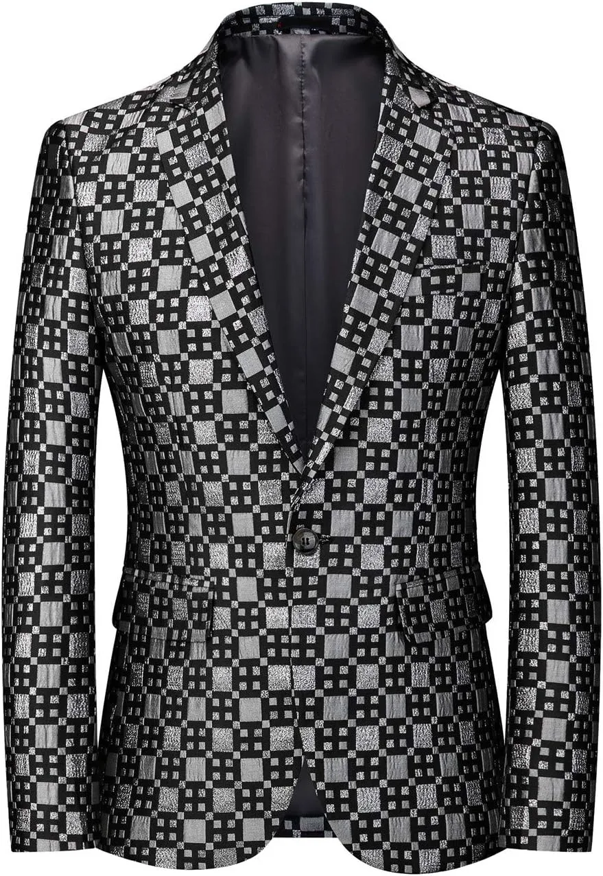 MOGU Mens Blazer Plaid Print Slim Fit Casual Sport Caots Jacket for Daily Prom Party