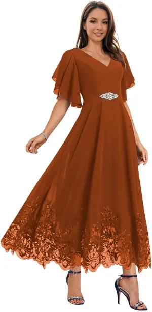 Mother of The Bride Dresses for Wedding for Women Tea Length Chiffon Lace Appliques Formal Evening Dresses