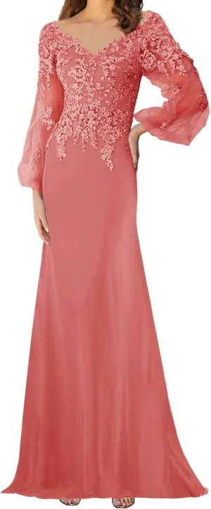 Mother of The Bride Dresses Long Sleeves Formal Evening Gowns Laces Appliques Wedding Party V-Neck Prom Dress