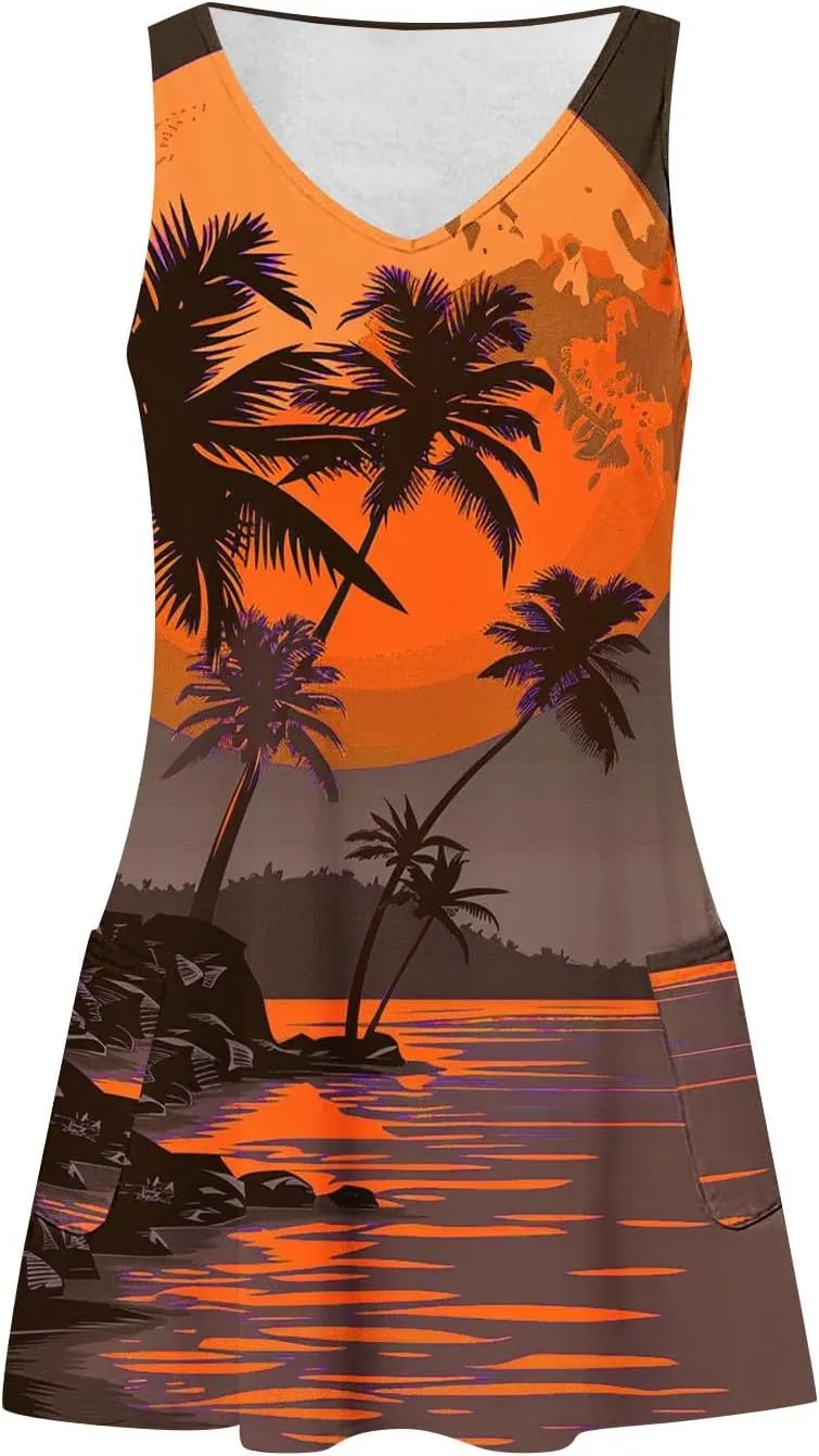 Mzkdieey Women's Summer Dresses 2024 Casual Sleeveless V Neck Sunset Beach Palm Tree Print Tank Loose Sundress with Pockets