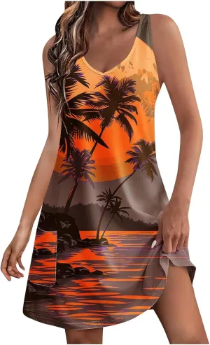 Mzkdieey Women's Summer Dresses 2024 Casual Sleeveless V Neck Sunset Beach Palm Tree Print Tank Loose Sundress with Pockets