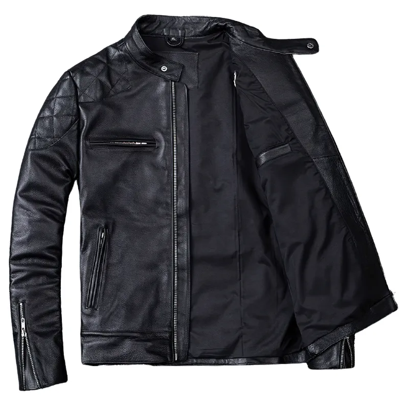 Natural Black Calfskin Leather Jacket For Men / Motorcycle Stylish Jackets