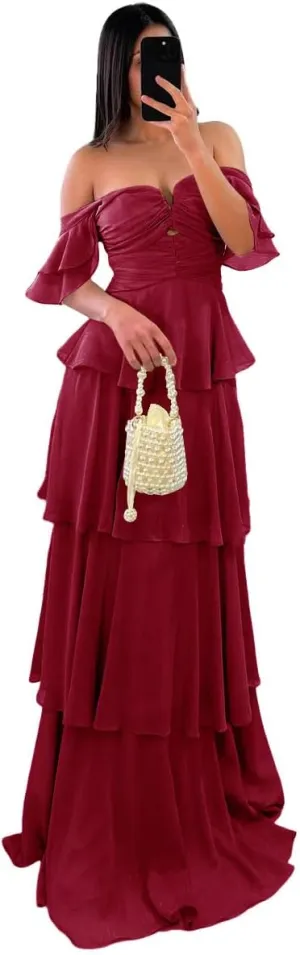 Off The Shoulder Tiered Prom Dresses Chiffon Ruffled Sleeves Bridesmaid Dress Ruched Party Gowns